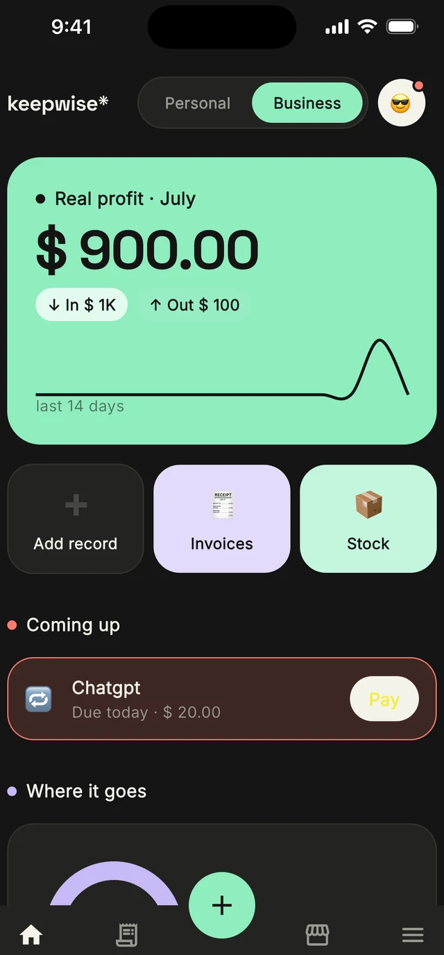 KeepWise Business space: real profit card, invoices and stock