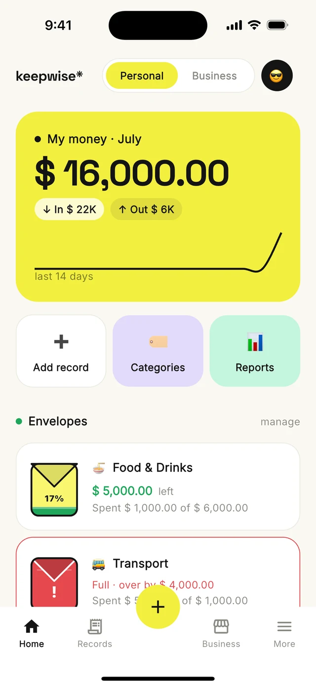 KeepWise Home screen: money card and envelopes filling as you spend
