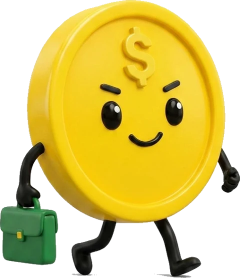 KeepWise, the friendly coin mascot, walking with a briefcase